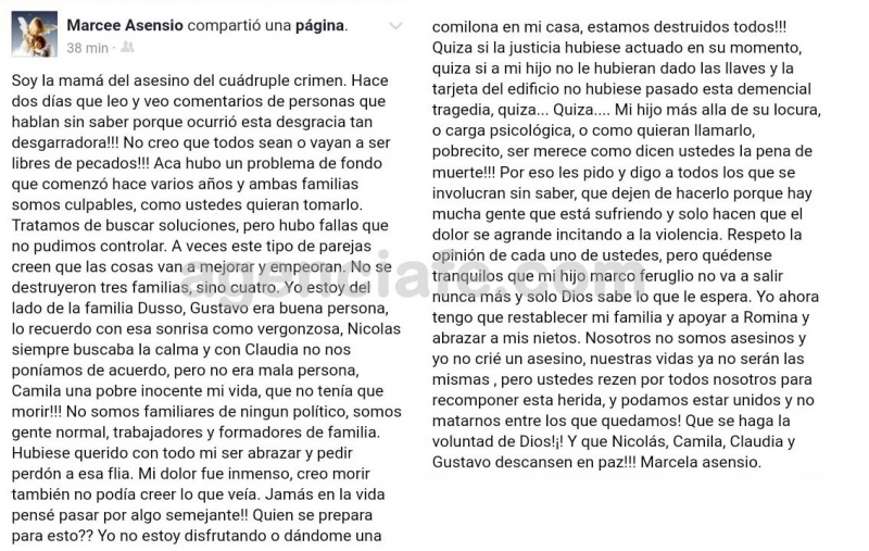 La mamá de Marcos Feruglio hizo su descargo en las Redes Sociales