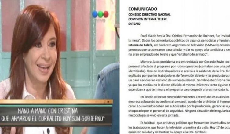 COMUNICADO DEL PERSONAL DE TELEFE POR LOS APLAUSOS A CRISTINA EN LA ENTREVISTA CON ROZÍN