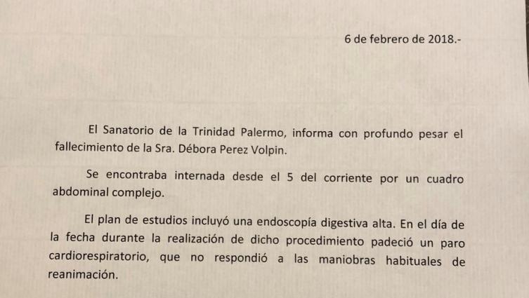 El parte médico del Sanatorio de la Trinidad donde falleció Pérez Volpin