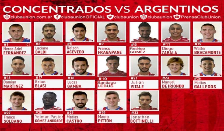 El plantel de Unión para enfrentar a Argentinos Jrs. en la Paternal