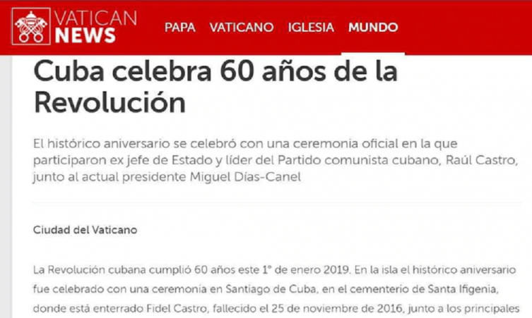 Vaticano elimina de su sitio web nota homenaje a la Revolución cubana