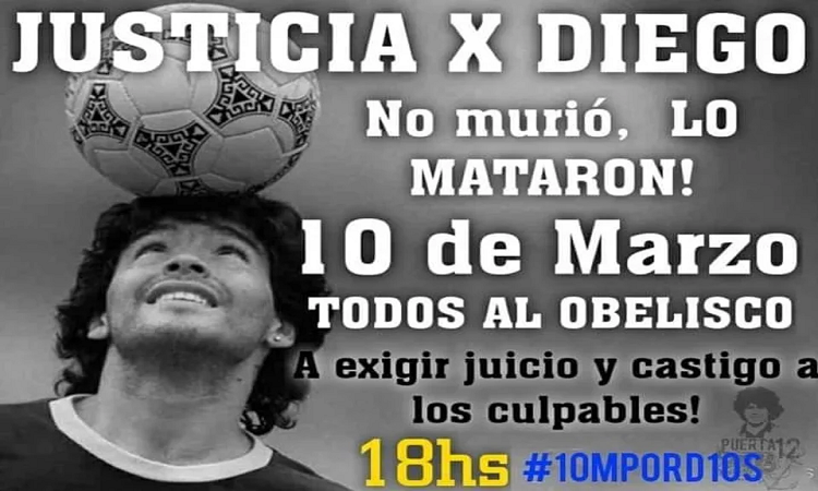 Maradonianos pedirán justicia por Diego el 10/3 en el Obelisco