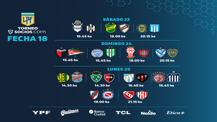 LPF: calendario de partidos para la 18ª jornada