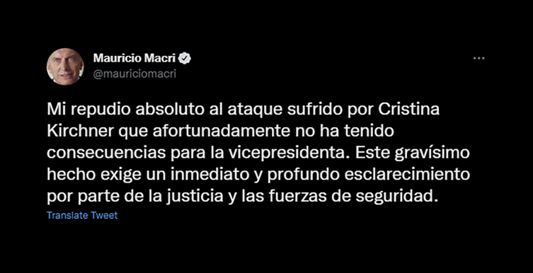 Mauricio Macri se solidarizó con Cristina Kirchner tras el intento de asesinato