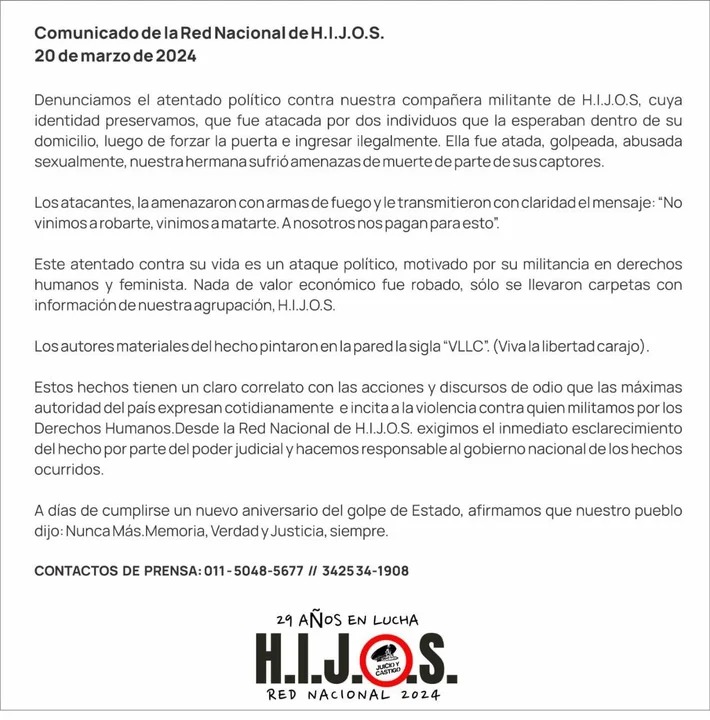Denuncian un ataque a una militante de H.I.J.O.S. y un mensaje en una pared: VLLC