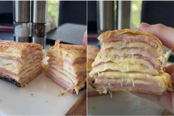 Milhojas de jamón y queso con tapa de tarta