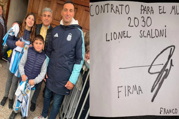 Scaloni le firmó a un nene un “contrato” hasta 2030 y desafió a Chiqui Tapia