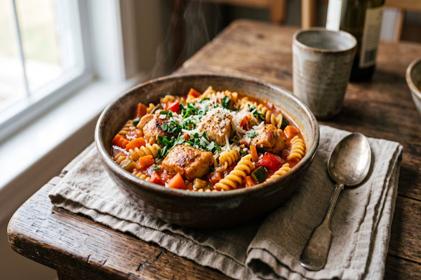 Receta de pollo a la cacerola con fideos y verduras