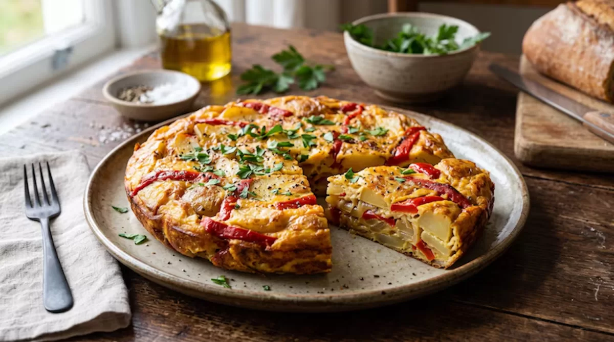 La receta de tortilla de papas con morrón al horno combina papas cocidas, huevo batido, cebolla y morrón salteado - (Imagen Ilustrativa Infobae)